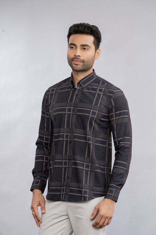 BLACK & GREY REGULAR FIT CHECKED CASUAL COTTON SHIRT