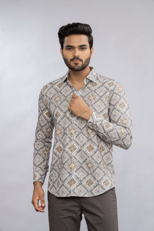 LIME YELLOW MULTIPAL SQUARE DESIGN COTTON SHIRT