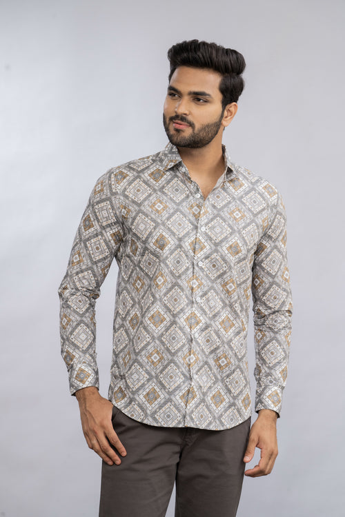 LIME YELLOW MULTIPAL SQUARE DESIGN COTTON SHIRT
