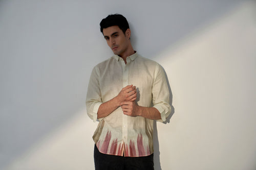 IVORY CREAM DOWN TO UP PRINTED 100% LINEN SHIRT