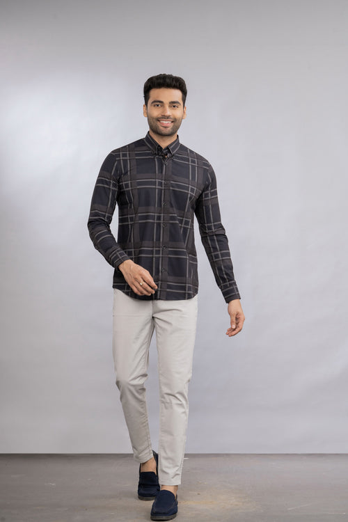 BLACK & GREY REGULAR FIT CHECKED CASUAL COTTON SHIRT